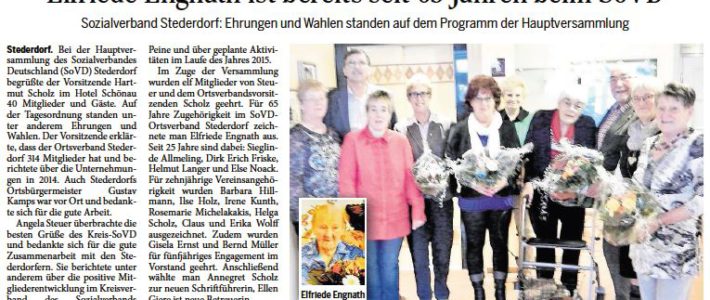 PAZ: Elfriede Engnath ist bereits seit 65 Jahren beim SoVD PAZ: Elfriede Engnath ist bereits seit 65 Jahren beim SoVD