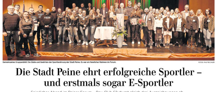 PAZ: Die Stadt Peine ehrt erfolgreiche Sportler – und erstmals sogar E-Sportler PAZ: Die Stadt Peine ehrt erfolgreiche Sportler – und erstmals sogar E-Sportler
