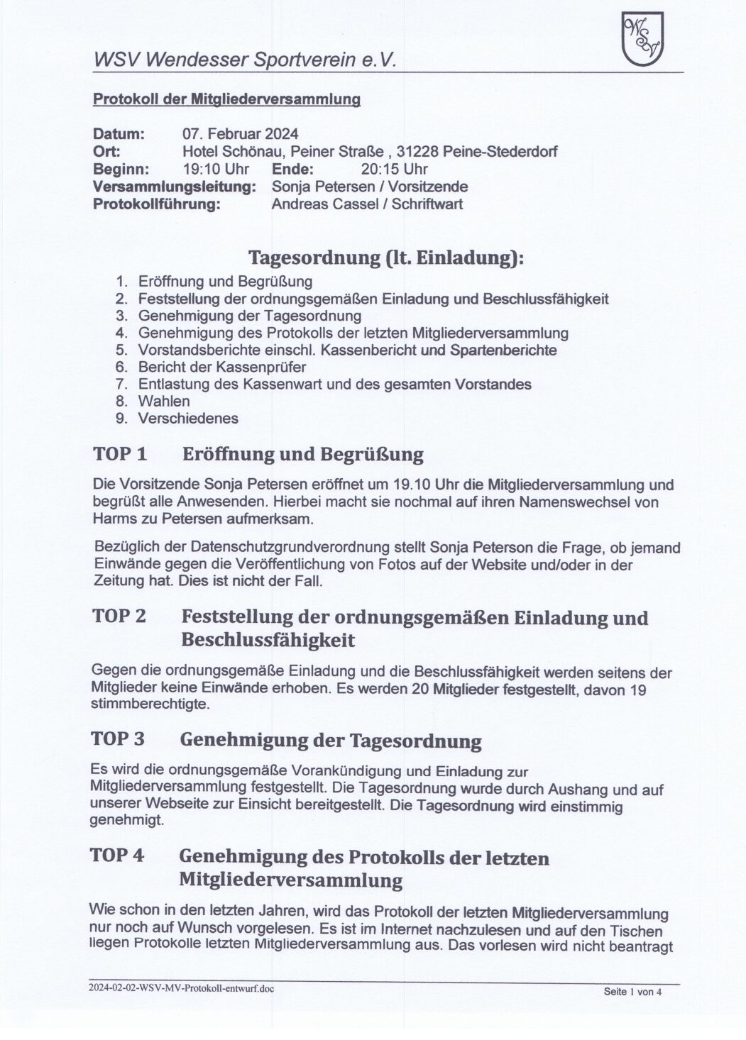 Protokoll der WSV-Mitgliederversammlung 2024 Protokoll der WSV-Mitgliederversammlung 2024