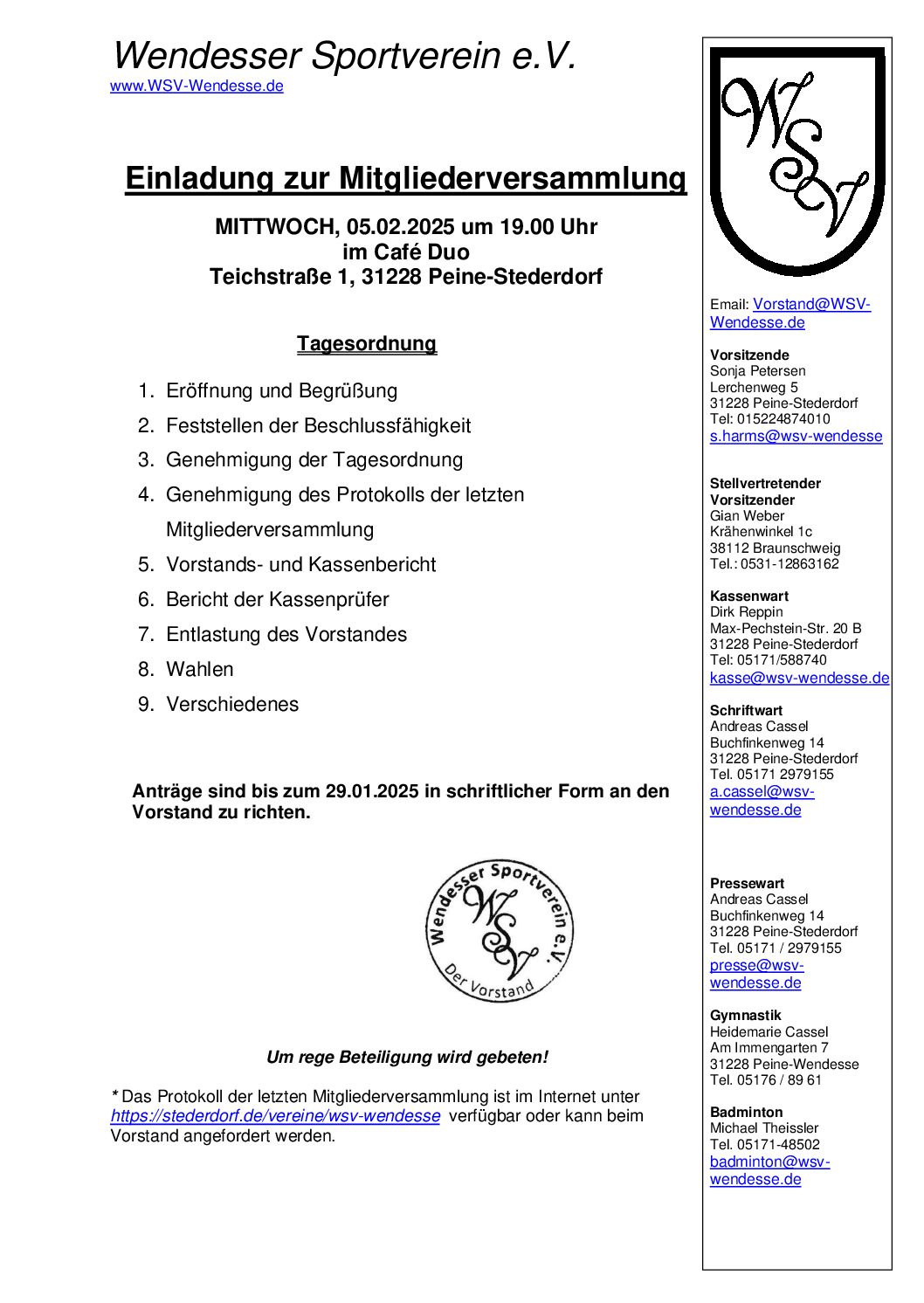 Einladung zur Mitgliederversammlung des WSV Wendesse 2025 Einladung zur Mitgliederversammlung des WSV Wendesse 2025