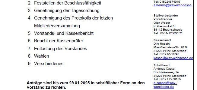 Einladung zur Mitgliederversammlung des WSV Wendesse am Mittwoch Einladung zur Mitgliederversammlung des WSV Wendesse am Mittwoch