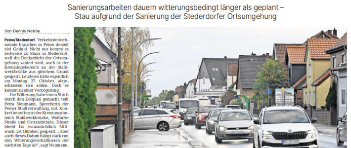 PAZ: Vollsperrungen in Peine: Es kommt weiterhin zu Verkehrsproblemen PAZ: Vollsperrungen in Peine: Es kommt weiterhin zu Verkehrsproblemen