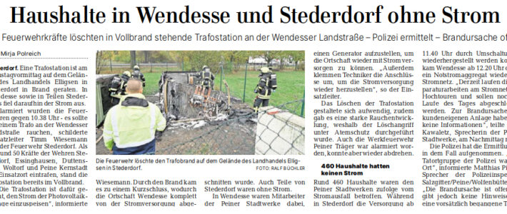 PAZ: Haushalte in Wendesse und Stederdorf ohne Strom PAZ: Haushalte in Wendesse und Stederdorf ohne Strom
